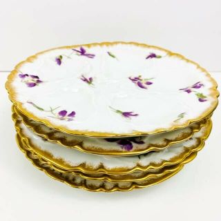 Set Of 5 - Ch Field Haviland Limoges Oyster Plates With Violets And Gold Gilt