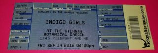 Indigo Girls 2012 Ticket Stub Atlanta Botanical Garden W/ Shadowboxers Concert
