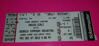 Indigo Girls 2012 Symphony Show Atlanta Ticket Stub W/ Gso Cobb Galleria