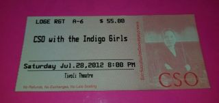 Indigo Girls 2012 First Ever Symphony Show Chattanooga Tn Ticket Stub W/ Cso