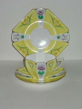 Hand Enameled Queen Anne Trio/pansies With Yellow Panels