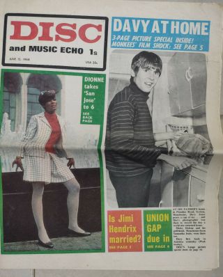 Disc And Music Echo June 15th 1968 Dionne Warwick / Davy Jones Cover