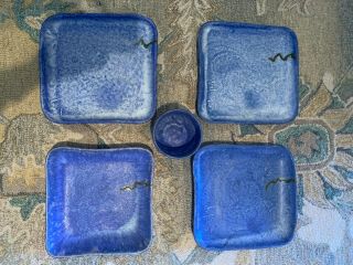 Mccarty Pottery Cobalt Blue 4 Plates/1 Bowl Rivermark Signed
