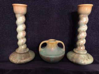 3 Piece Set Of Fulper Pottery Green Crystalline Glaze Twist Candlestick Holders