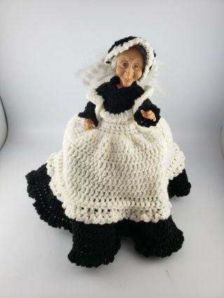 Vintage Crochet Old Lady Doll Toilet Paper Cover Handmade Witch Halloween Creepy 2