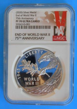 2020 75th Anniversary End Of World War Ii Silver Medal Ngc Pf70 (v - Day Label)