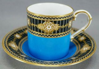 Royal Worcester Raised Gold Floral Blue & Black Demitasse Cup & Saucer C.  1922