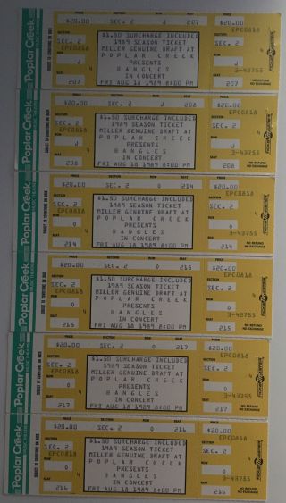 Bangles 6 Concert Ticket Stubs (august 18,  1989,  Poplar Creek)