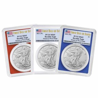 - 2021 (w) $1 American Silver Eagle 3 Pc.  Set Pcgs Ms70 Fdoi Flag Label