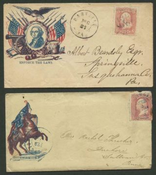 1860s 2 Illust.  Civil War Covers - 1 W Letter - “enforce The Laws” - Union Horse