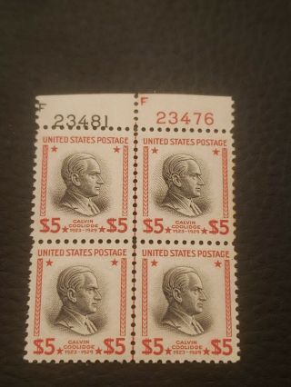 Line Plate Block Of (4) Scotts 834 Mnh Og 1938 Calvin Coolidge $5 Stamps.