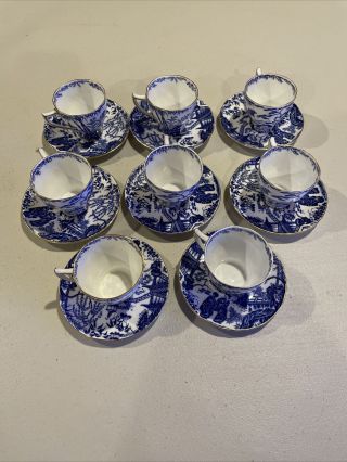 Royal Crown Derby Mikado Blue 8 Demitasse Cups & Saucers