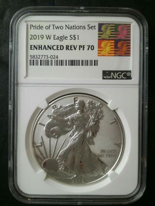 2019 W Enhanced Reverse Proof $1 American Silver Eagle Dollar Ngc Pf70