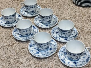 Royal Copenhagen Blue Half Lace Flat Cup And Saucer 756 Set Of 7 1st Quality
