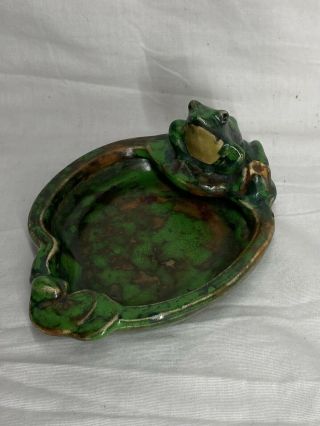 2 1920’s Weller Art Pottery Coppertone Frog Lilypad Ashtray Pin Dish Bowl