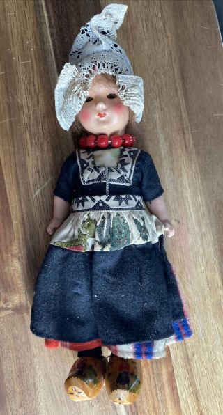 Vintage Dutch Girl Doll With Wooden Clogs 12” Tall,  Holland