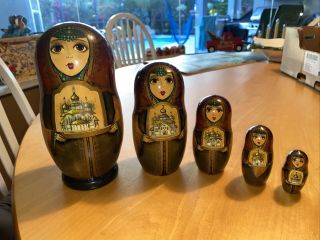 Signed Vintage Russian Nesting Doll 5 Piece Signed Matryoshka 1995 Religious
