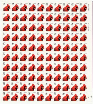Cardinal Bird Sheet Of One Hundred 30 Cent Postage Stamps Scott 2480