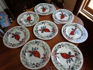 Lenox Usa Winter Greetings 8 Dinner Plates 10 7/8 " - Red Bow,  Cardinal