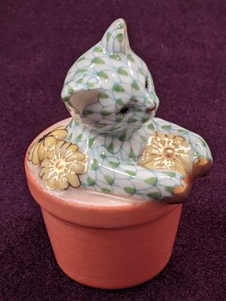 Herend Porcelain Figurine Of A Green Fishnet Cat In Flower Pot