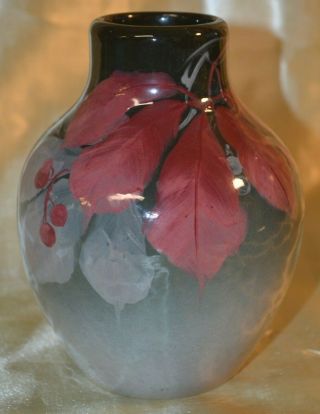 Weller Pottery Eocean Vase Burgundy Leaves & Berries Green - Gray 6 1/2 "