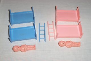 Vintage BEST Pink & Blue Dollhouse Bunk Beds and Twin Dolls Complete 2