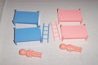 Vintage BEST Pink & Blue Dollhouse Bunk Beds and Twin Dolls Complete 3
