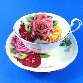Stunning Huge Three Cabbage Roses Aynsley Tea Cup And Saucer Set
