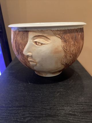 Scargo Pottery 7x5 " Bowl Planter Signed Faces Portrait Figural Vtg