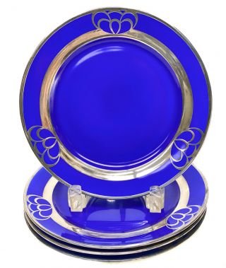 4 H&co Selb Bavaria Porcelain And Silver Overlay Cobalt Blue Dessert Plates