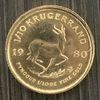1980 1/10th oz South African Krugerrand Fine Gold First Year of Issue Ounce 2