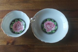 Paragon large Cabbage Pink Rose Black center Teacup Tea cup Saucer light blue 4