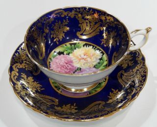 Paragon Fancy Chrysanthemum Cup & Saucer Cobalt Blue & Heavy Gold Filigree