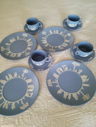 Wedgwood China Cream On Blue Jasper Ware.  4 Dinner Plates With 4 Cups & Saucers