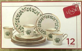 Lenox Holiday Dimension Service For 4 Christmas China 12 Piece Set