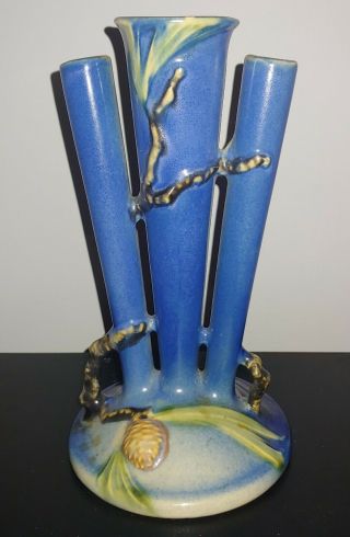 Roseville Pottery 113 - 8 Pine Cone Blue Triple Bud Vase (circa 1935) Incredible