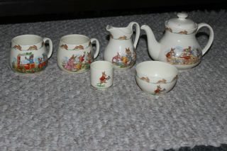 Royal Doulton Bunnykins Teapot,  Creamer,  2 Cups,  Bowl & Demitasse -