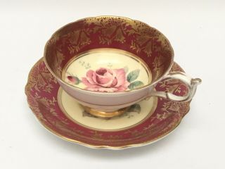 Paragon Floating Cabbage Rose Pink /red Gilt Double Warrant Teacup And Saucer
