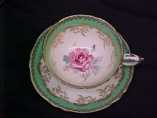 Paragon Cabbage Rose W Green & Gold Trim Cup & Saucer A13916