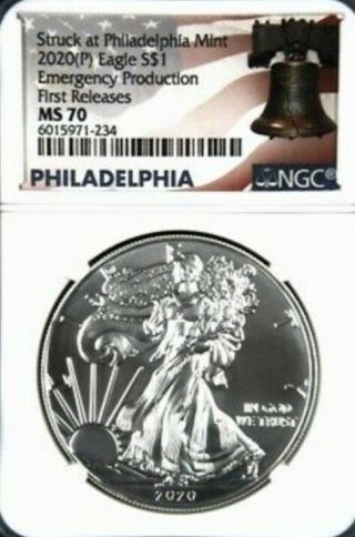 2020 (p) $1 American Silver Eagle Ngc Ms70 Emergency Production Liberty Bell