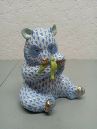 Herend Porcelain Figurine Blue Fishnet Panda Bear Eating Bamboo 5” 15348