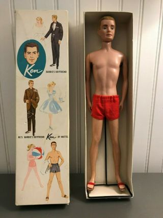 Vintage Barbie Ken Doll With Box And Stand And Swim Outfit