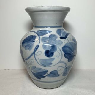 Vintage Simon Pearce / Miranda Thomas Handpainted Blue Grapevine Pottery Vase