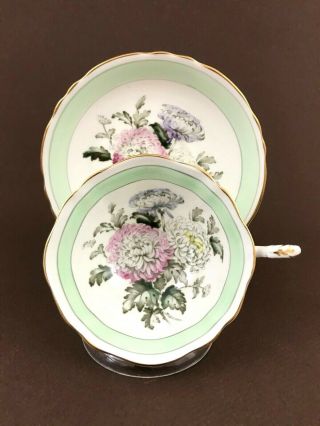 Vtg Paragon By Appointment Chrysanthemums Green Footed Tea Cup Saucer Gold Trim