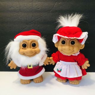 Large Vintage Russ Trolls Mr & Mrs Santa Claus Troll Christmas Trolls Pair 8.  5 "