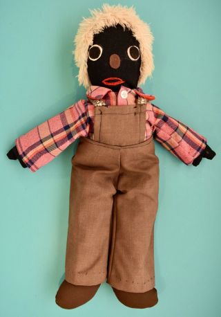 Vtg 18 " Black Americana Grandpa Farmer Handmade Cloth Rag Doll Overalls