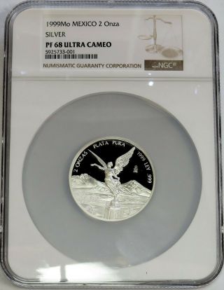 1999 Mo Silver Mexico Proof 2 Onzas Libertad Winged Victory Coin Ngc Pf 69 Uc