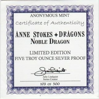 KAPPYSCOINS LIMITED EDITION ANNE STOKES NOBLE DRAGON 5 OZ SILVER PROOF 103 4