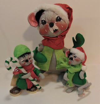 Vintage Annalee (3) Christmas Mice 12 " Standing,  6 " W/candy Cane