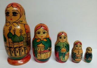 Vintage 5 Pc Russian Ussr Nesting Dolls Matryoshka Hand Painted/carved 7 "